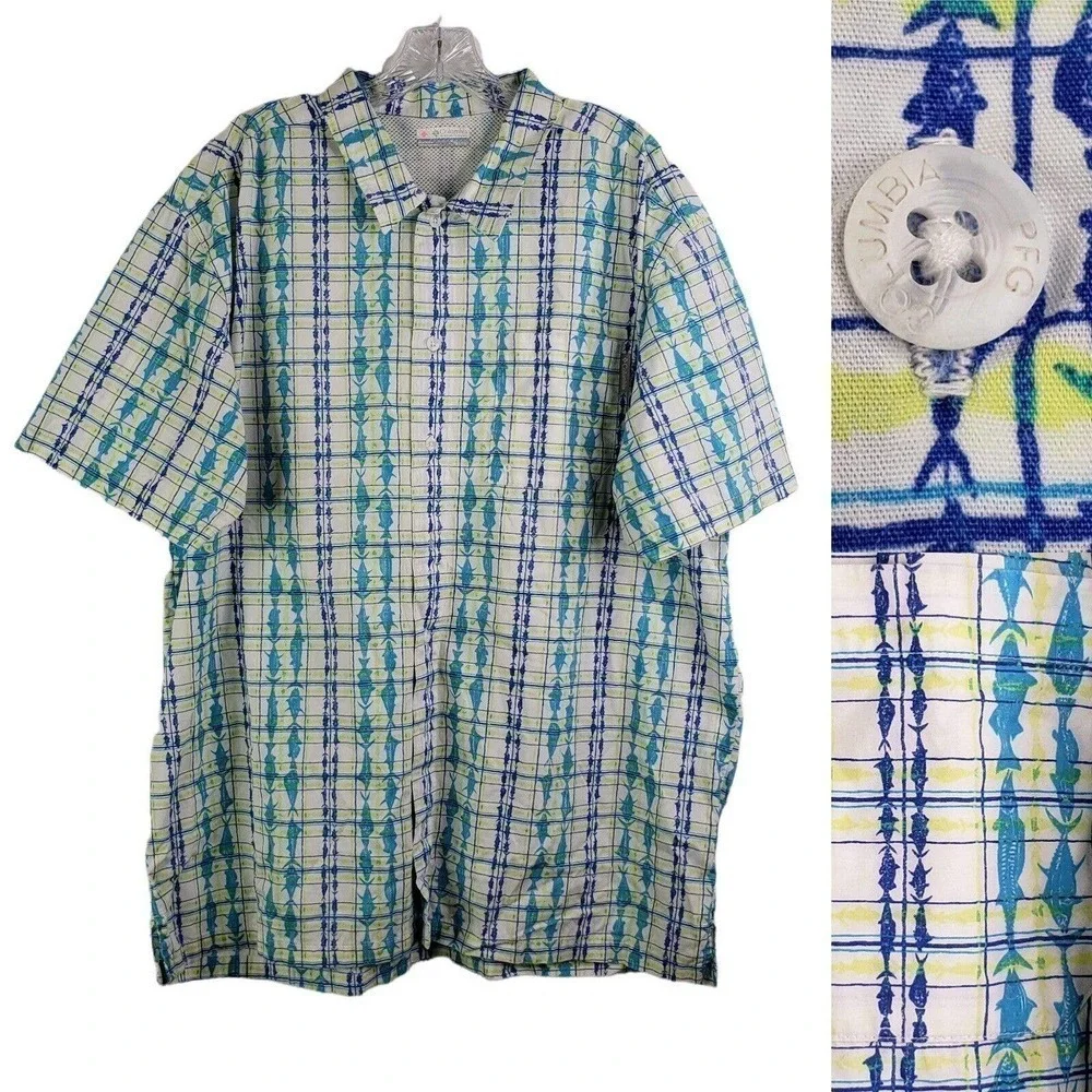 Columbia PFG Shirt Men Size XL Yellow Blue Fish Plaid Vented Short Sleeve Button